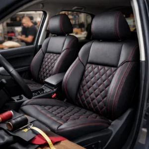 מושבי רכב מרופדים בעור שחור עם תפרים אדומים, פנים מודרני